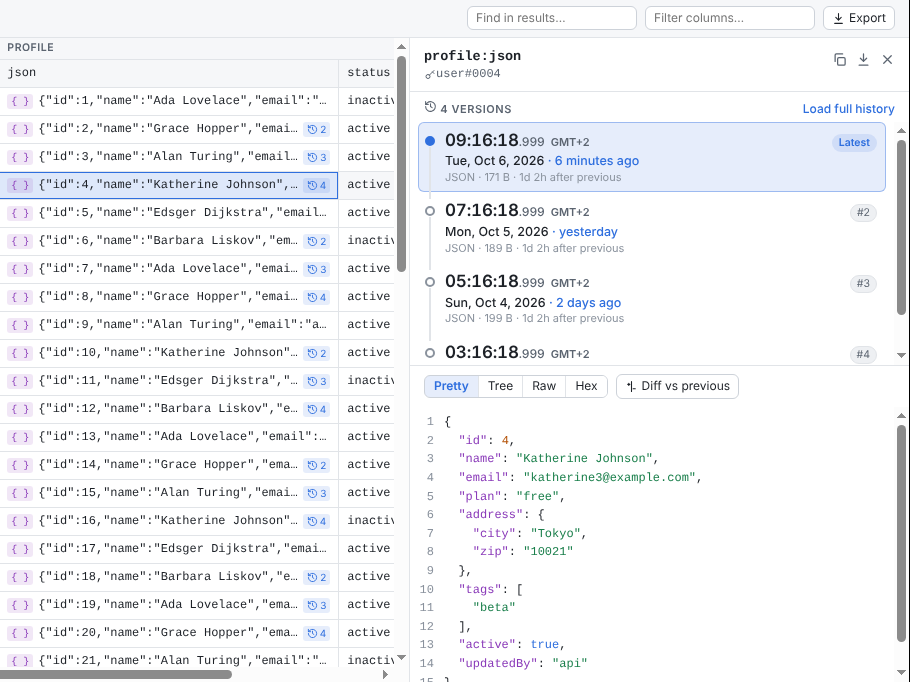 The inspector showing a cell's version timeline and its JSON value