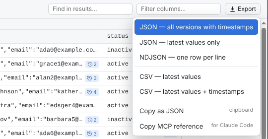 has-text-centered The Export menu with Copy MCP reference